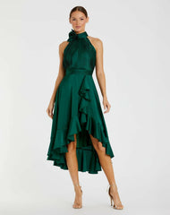 Cocktail Dresses | Women Mac Duggal Green Halter Neck Flower Detail Ruffled Midi Dress Emerald