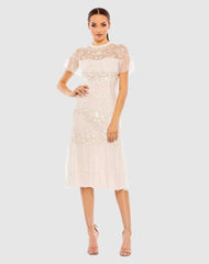 Cocktail Dresses | Women Mac Duggal High Neck Mesh Tier Embroidered Dress Blush