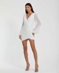 Cocktail Dresses | Women Mac Duggal Long Blouson Sleeve Ruched Mini Dress White