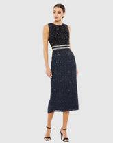 Cocktail Dresses | Women Mac Duggal Navy Sleeveless High Neck Beaded Midi Sheath Dress Navy