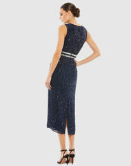 Cocktail Dresses | Women Mac Duggal Navy Sleeveless High Neck Beaded Midi Sheath Dress Navy
