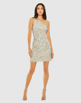 Cocktail Dresses | Women Mac Duggal One Shoulder Embellished Fringe Detail Dress Silver Nude