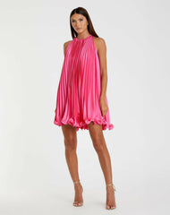 Cocktail Dresses | Women Mac Duggal Pink Pleated Halter Neck Flowy Mini Trapeze Dress Candy Pink