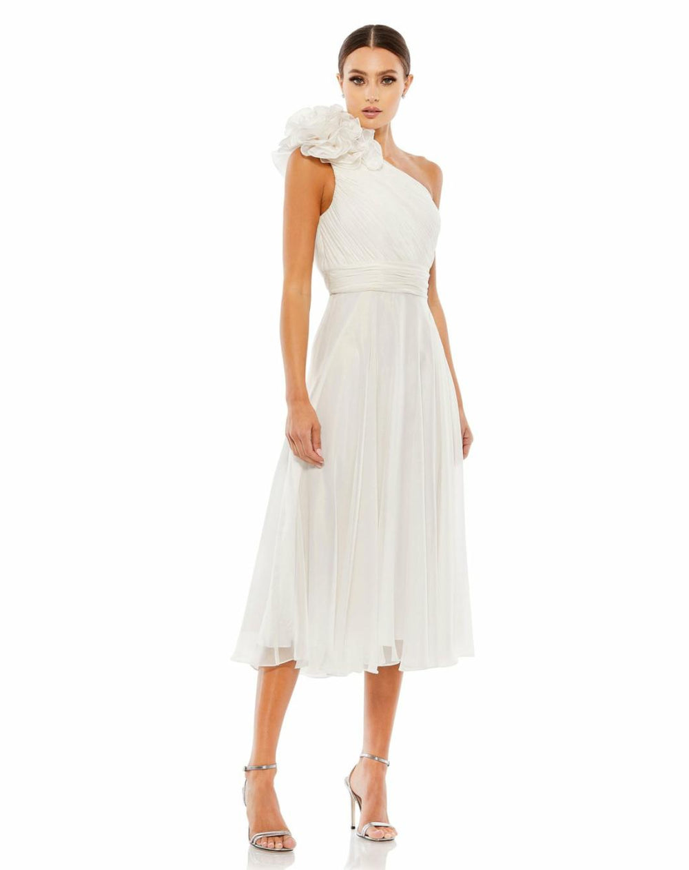 Cocktail Dresses | Women Mac Duggal Rosette One Shoulder Tea Length Dress White