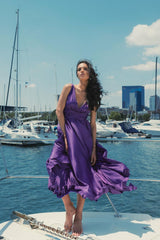 Cocktail Dresses | Women Mac Duggal Ruched Top Satin Pleated Tea Length Dress Purple