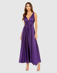 Cocktail Dresses | Women Mac Duggal Ruched Top Satin Pleated Tea Length Dress Purple