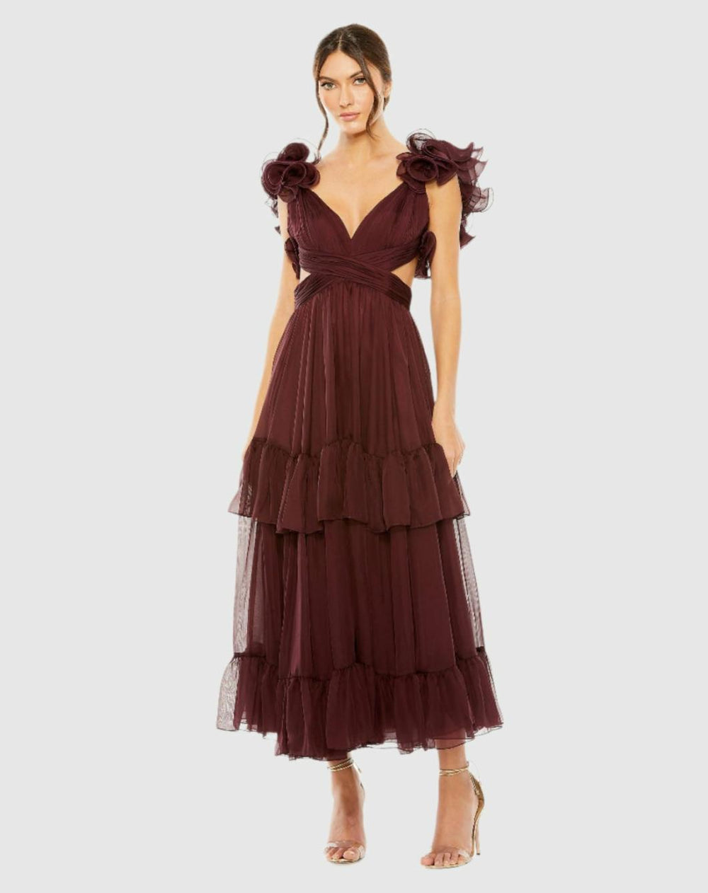 Cocktail Dresses | Women Mac Duggal Ruffle Tiered Cut-Out Chiffon Dress Bordeaux