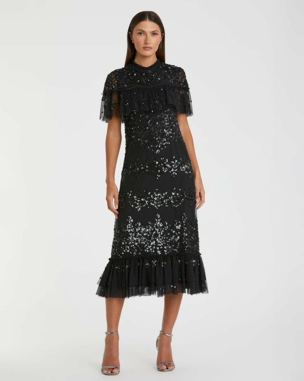 Cocktail Dresses | Women Mac Duggal Sequined High Neck Ruffled Flutter Sleeve Midi Dress Black
