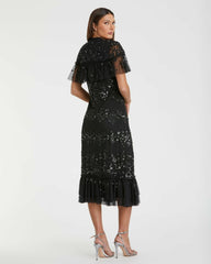 Cocktail Dresses | Women Mac Duggal Sequined High Neck Ruffled Flutter Sleeve Midi Dress Black