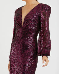 Cocktail Dresses | Women Mac Duggal Sequined Structured Bishop Sleeve Midi Dress Magenta