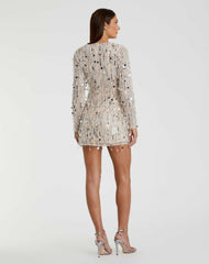 Cocktail Dresses | Women Mac Duggal Silver Long Sleeve Beaded Fringe Plunge Neck Dress Nude Silver