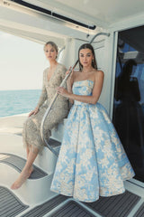 Cocktail Dresses | Women Mac Duggal Strapless Brocade Midi Dress With Pockets Blue Multi