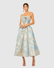 Cocktail Dresses | Women Mac Duggal Strapless Brocade Midi Dress With Pockets Blue Multi