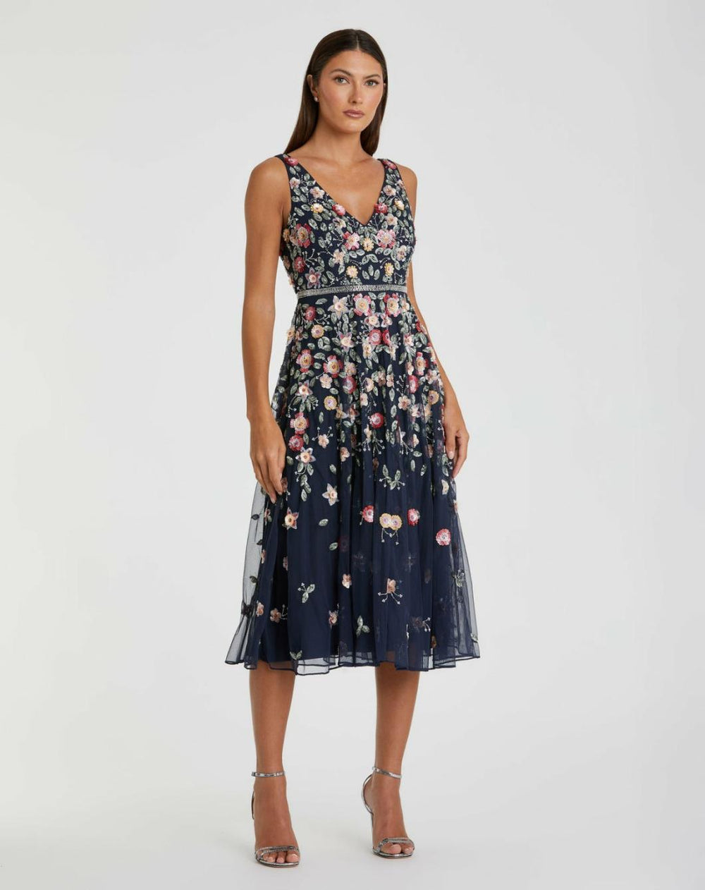 Cocktail Dresses | Women Mac Duggal V-neck Sleeveless Midi Floral Beaded A-line Dress Midnight Multi