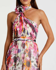 Daytime Dresses | Women Mac Duggal Asymmetrical Ruffled Halter Floral Gown White Multi