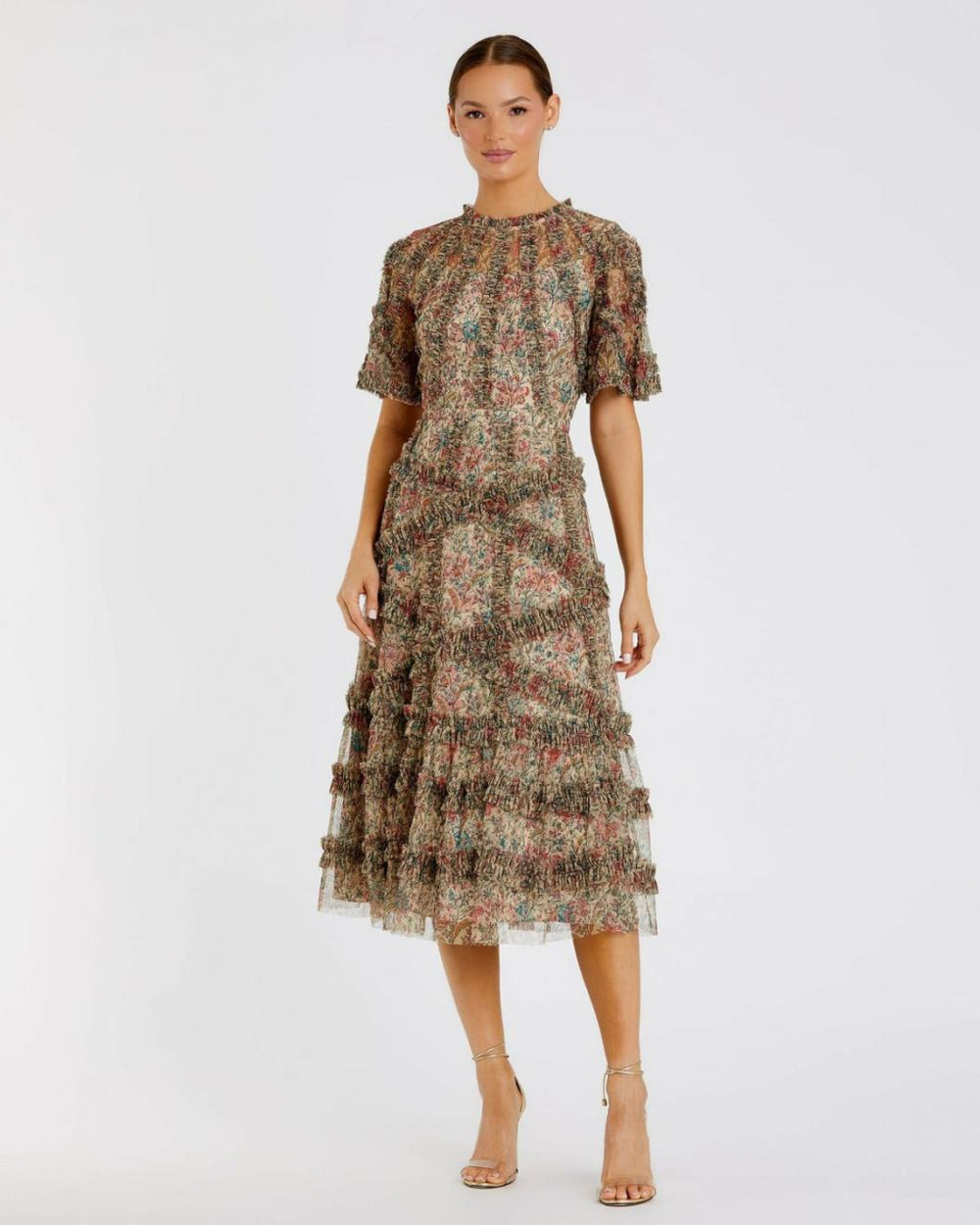 Daytime Dresses | Women Mac Duggal Beige Floral Flutter Sleeve Mesh Print Dress Beige Multi