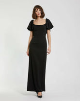 Daytime Dresses | Women Mac Duggal Black Crepe Fitted Long Dress With Short Ruffle Sleeves Black