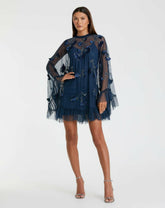 Daytime Dresses | Women Mac Duggal Blue Embellished Long Flare Sleeve Mesh A-Line Dress Twilight