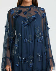 Daytime Dresses | Women Mac Duggal Blue Embellished Long Flare Sleeve Mesh A-Line Dress Twilight