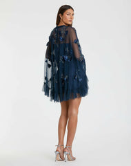 Daytime Dresses | Women Mac Duggal Blue Embellished Long Flare Sleeve Mesh A-Line Dress Twilight