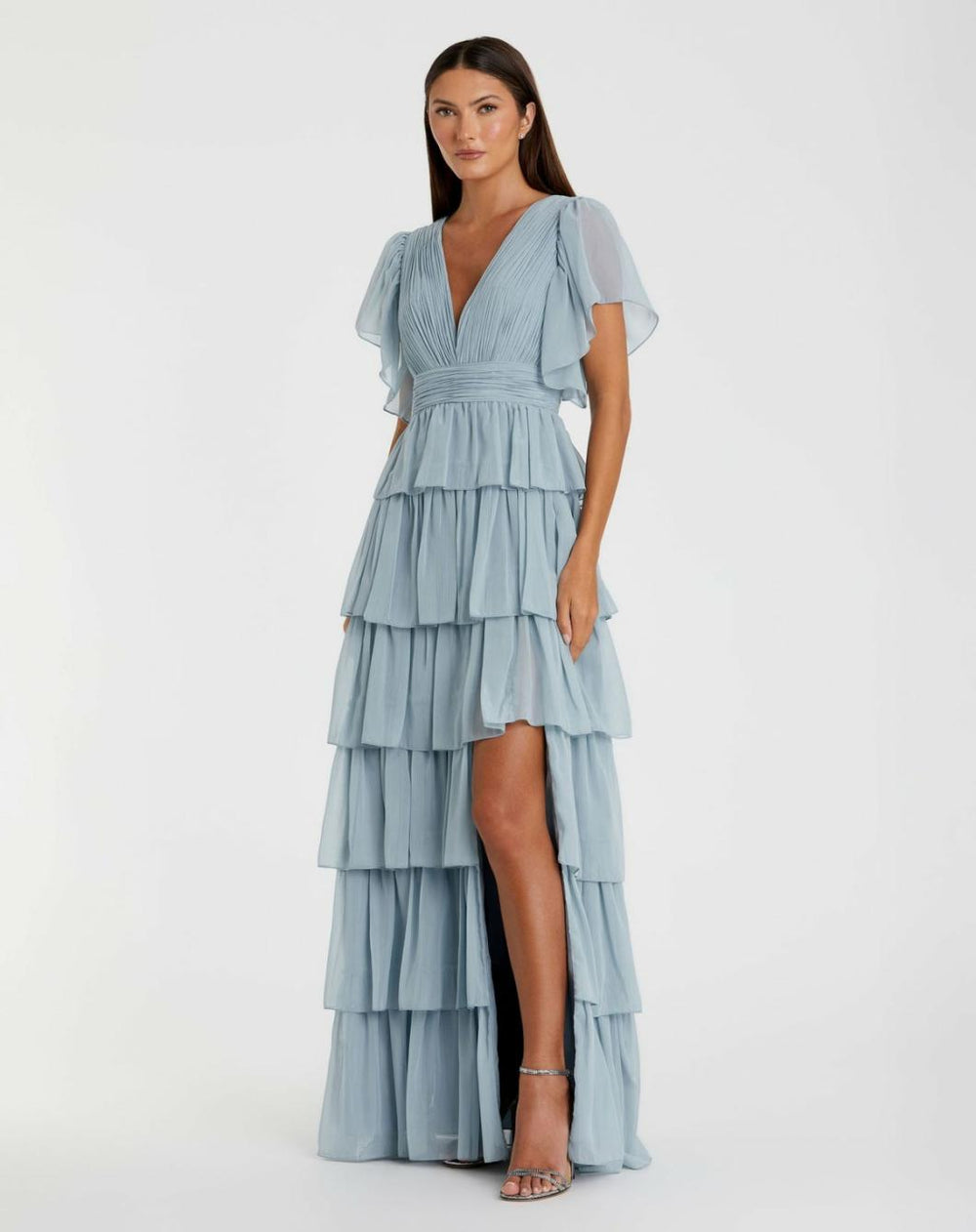 Daytime Dresses | Women Mac Duggal Blue Flutter Sleeve Ruffle Tiered Gown Slate Blue