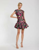 Daytime Dresses | Women Mac Duggal Brocade Cap Sleeve Mini Dress With Ruffle Hem Black Multi