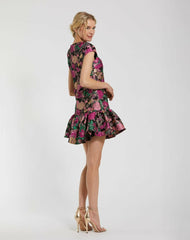 Daytime Dresses | Women Mac Duggal Brocade Cap Sleeve Mini Dress With Ruffle Hem Black Multi