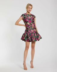 Daytime Dresses | Women Mac Duggal Brocade Cap Sleeve Mini Dress With Ruffle Hem Black Multi