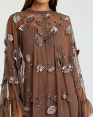 Daytime Dresses | Women Mac Duggal Chocolate Embellished Long Flare Sleeve Mesh A-Line Dress Chocolate