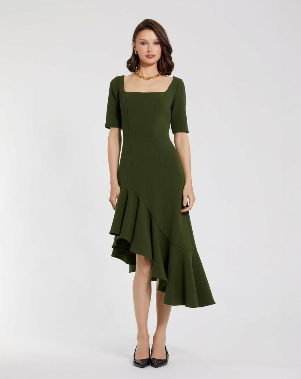 Daytime Dresses | Women Mac Duggal Crepe 3/4 Sleeve Asymmetrical Hem Dress Dark Green
