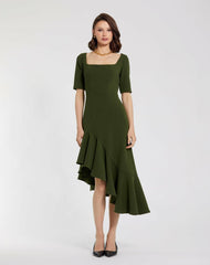 Daytime Dresses | Women Mac Duggal Crepe 3/4 Sleeve Asymmetrical Hem Dress Dark Green
