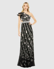 Daytime Dresses | Women Mac Duggal Embroidered Ruffled One Shoulder Lace Up Gown Black Multi