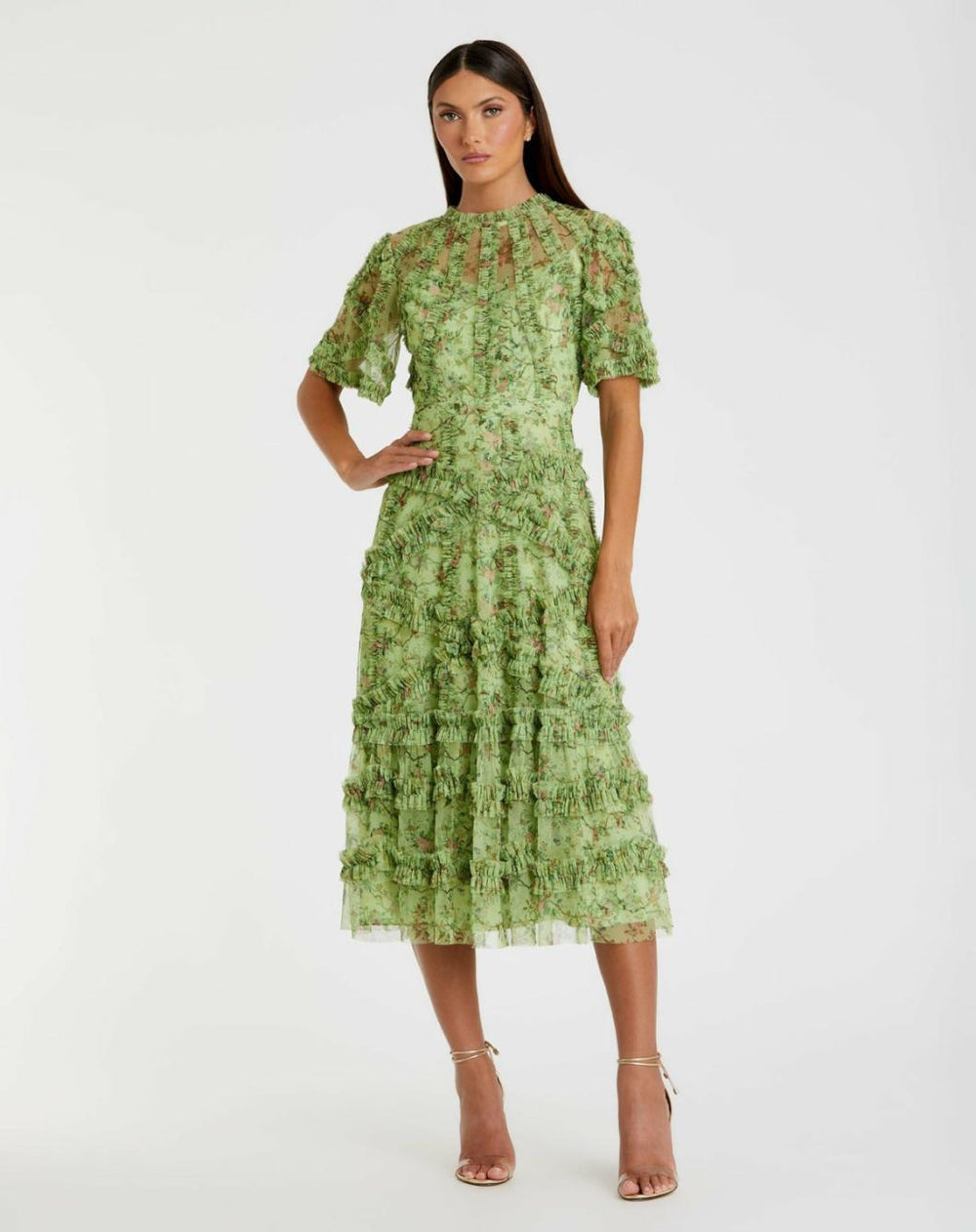 Daytime Dresses | Women Mac Duggal Floral Flutter Sleeve Mesh Print Dress Sage Multi