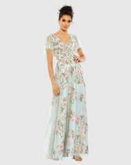 Daytime Dresses | Women Mac Duggal Floral Flutter Sleeve V-Neck Maxi Dress Blue Multi