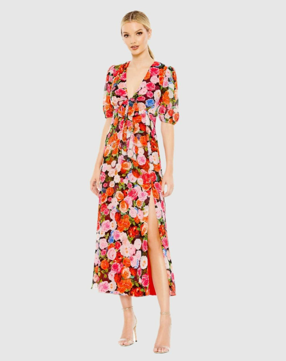 Daytime Dresses | Women Mac Duggal Floral Print Front Tie Puff Sleeve Flowy Midi Dress Rose Multi
