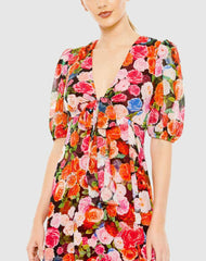 Daytime Dresses | Women Mac Duggal Floral Print Front Tie Puff Sleeve Flowy Midi Dress Rose Multi