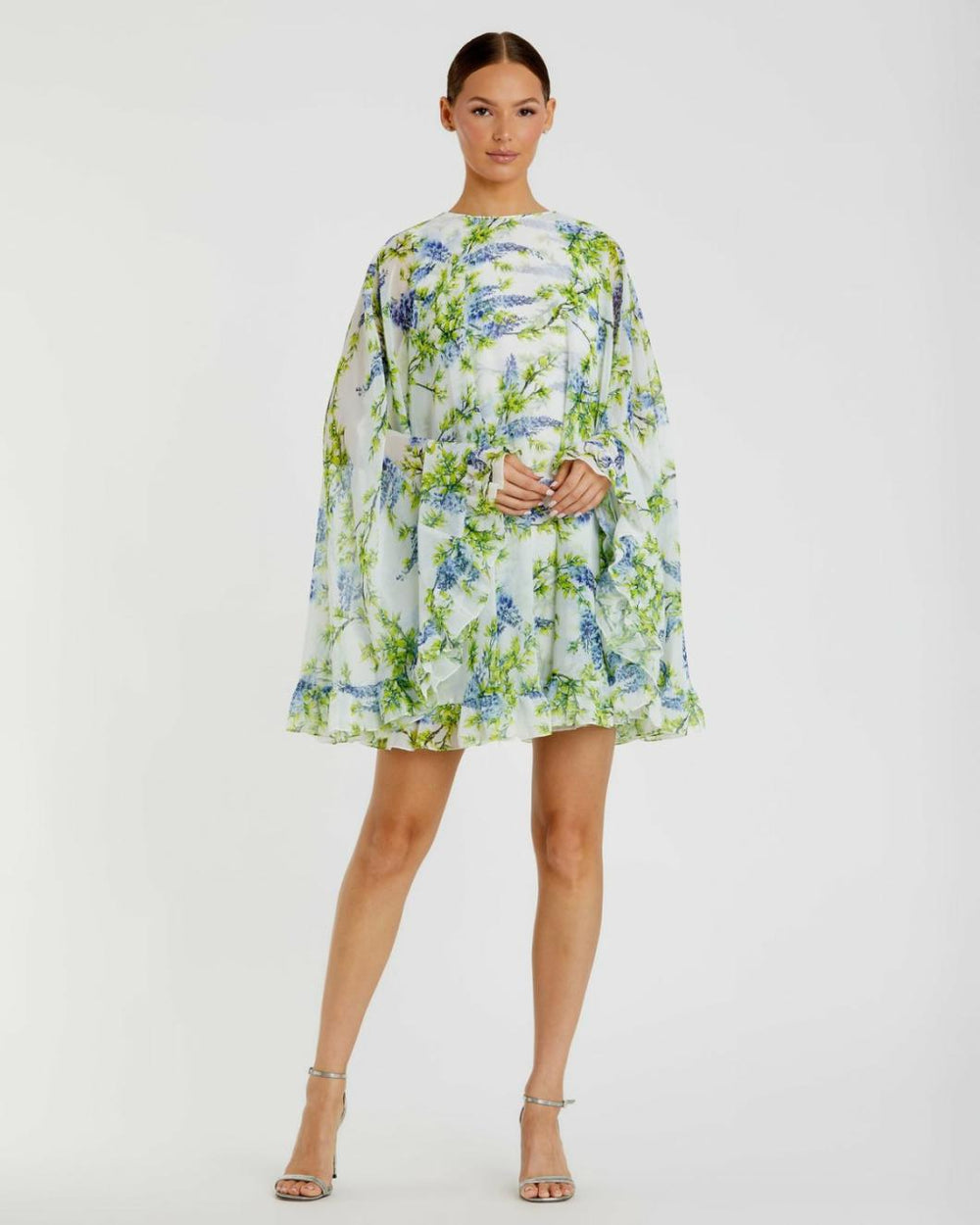 Daytime Dresses | Women Mac Duggal Floral Print High Neck Ruffle Hem Cape Mini Dress White Multi