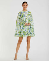 Daytime Dresses | Women Mac Duggal Floral Print High Neck Ruffle Hem Cape Mini Dress White Multi