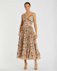 Daytime Dresses | Women Mac Duggal Floral Print Ruffle Tiered Midi Dress Ivory Multi