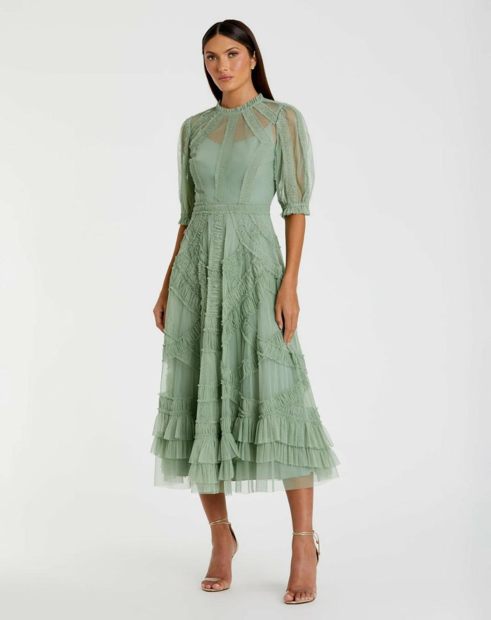 Daytime Dresses | Women Mac Duggal Green High Neck Micro Ruffle Tiered Midi Dress Jade