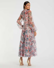 Daytime Dresses | Women Mac Duggal High Neck Long Balloon Sleeve Midi Dress White Multi