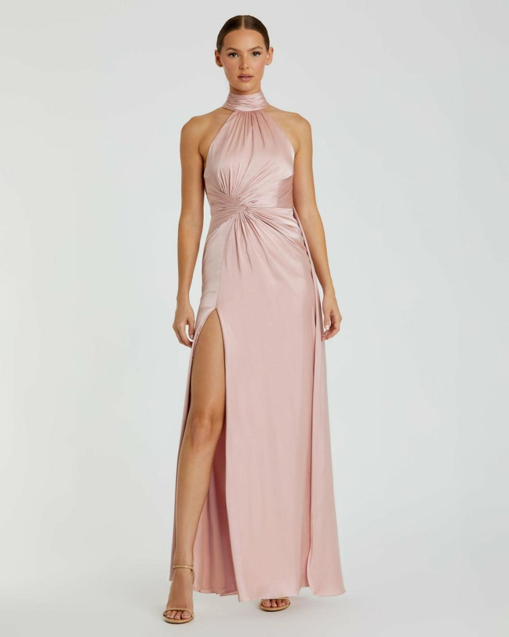 Daytime Dresses | Women Mac Duggal Light Pink Open Back High Neck Side Ruched Gown Shell Pink