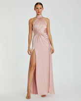 Daytime Dresses | Women Mac Duggal Light Pink Open Back High Neck Side Ruched Gown Shell Pink