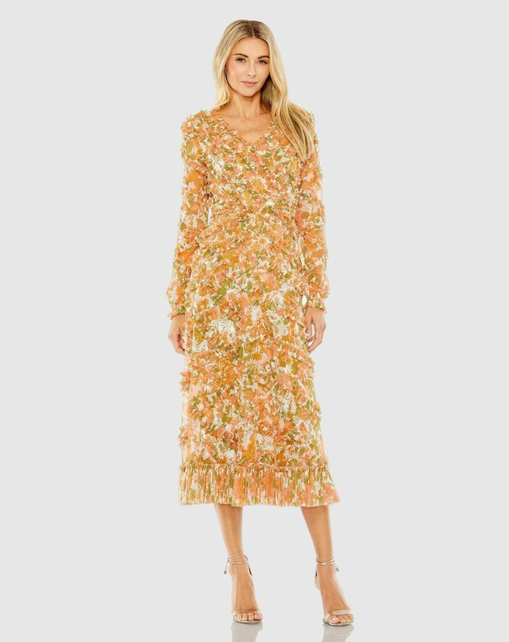 Daytime Dresses | Women Mac Duggal Long Sleeve Low Back Floral V Neck Ruffle Dress Orange Multi
