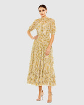 Daytime Dresses | Women Mac Duggal Mesh Puff Sleeve Floral Print Dress Yellow Multi