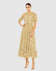 Daytime Dresses | Women Mac Duggal Mesh Puff Sleeve Floral Print Dress Yellow Multi