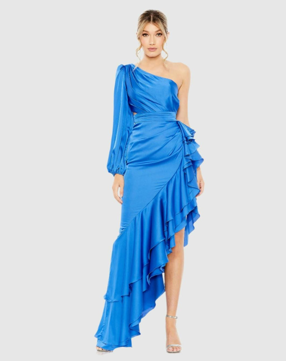 Daytime Dresses | Women Mac Duggal One Sleeve Cut Out Asymmetrical Ruffled Gown Cobalt