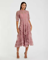 Daytime Dresses | Women Mac Duggal Pink High Neck Micro Ruffle Tiered Midi Dress Antique Rose