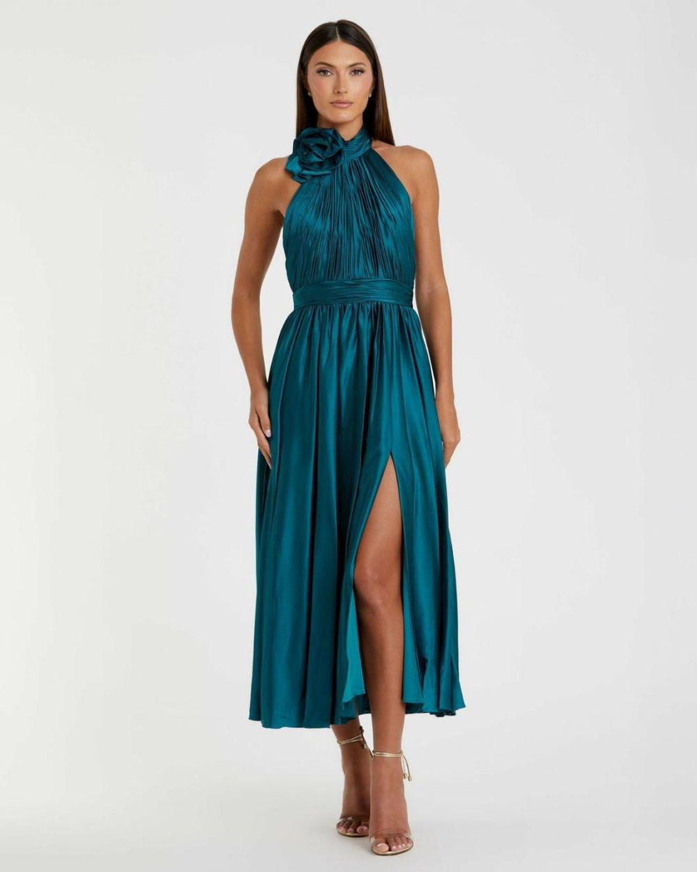 Daytime Dresses | Women Mac Duggal Pleated Charmeuse High Neck Sleeveless Midi Dress Ocean
