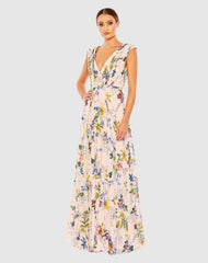 Daytime Dresses | Women Mac Duggal Pleated Floral Cap Sleeve A Line Gown Pink Multi